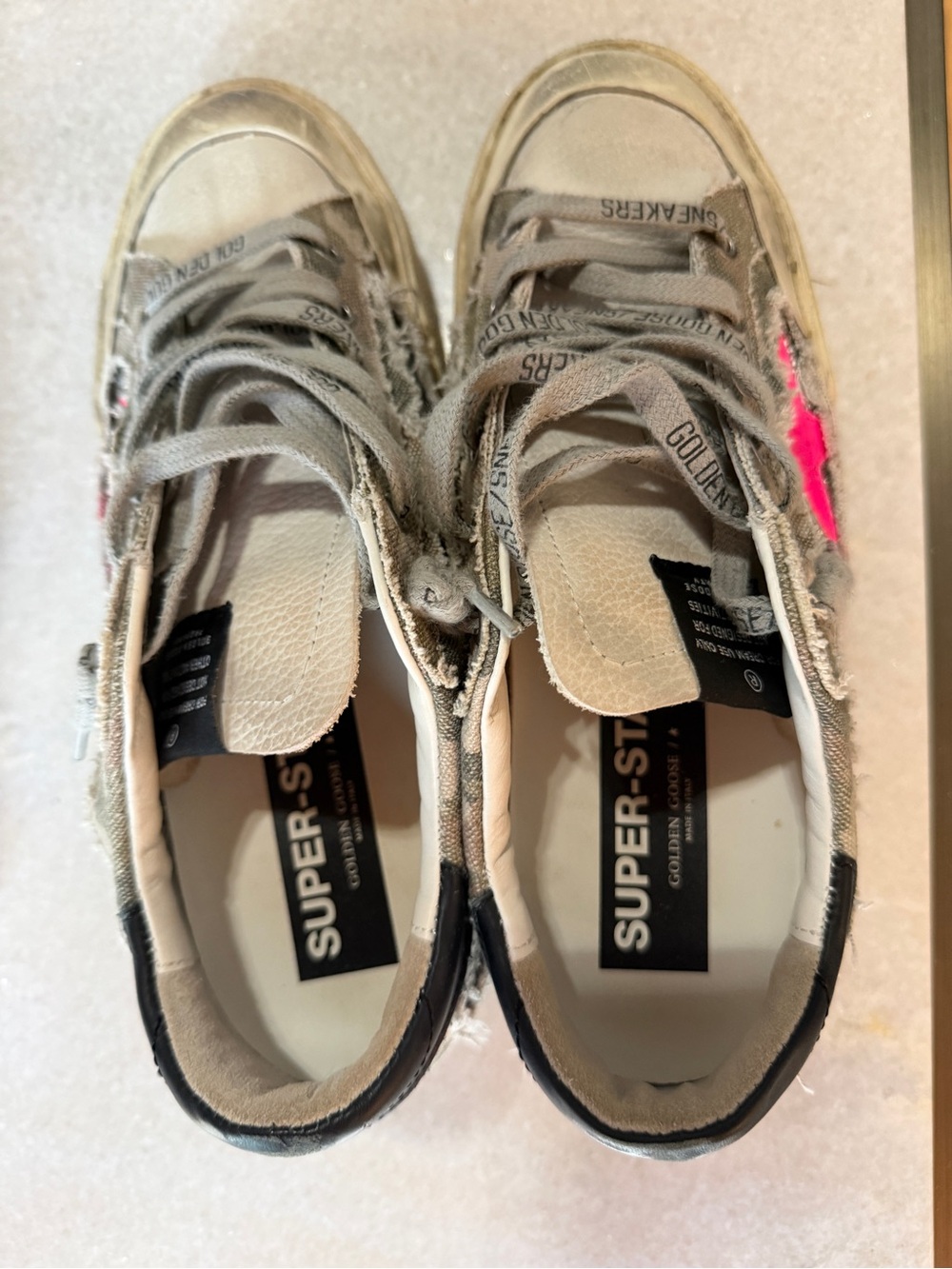Golden Goose Super-Star Sneakers in Beige with Pink Star and Black Heel Tab